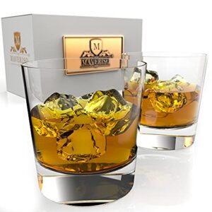 maveriso whiskey glasses set of 2 - old fashioned glass - premium low ball cocktail bar ware with round bottom for scotch, bourbon & cocktail - luxury aluminum silver box with brass emblem - 10 oz.