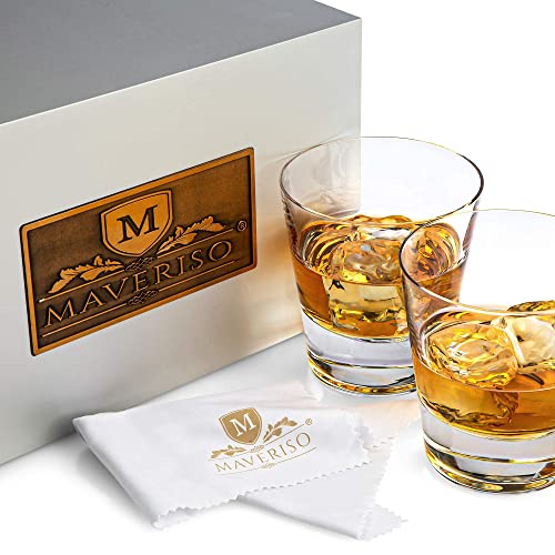 MAVERISO Whiskey Glasses Set of 2 - Old Fashioned Glass - Premium Low Ball Cocktail Bar Ware with Round Bottom for Scotch, Bourbon & Cocktail - Luxury Aluminum Silver Box with Brass Emblem - 10 oz.