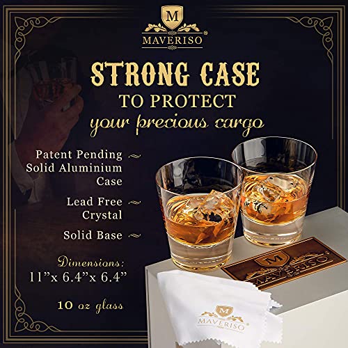 MAVERISO Whiskey Glasses Set of 2 - Old Fashioned Glass - Premium Low Ball Cocktail Bar Ware with Round Bottom for Scotch, Bourbon & Cocktail - Luxury Aluminum Silver Box with Brass Emblem - 10 oz.