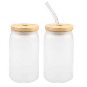 meldikiso 48pcs 16oz glass can cups, sublimation blank, frosted bottle bulk with glass straw & bamboo lid, beer coffee drinking bottle set wholesale