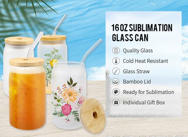 MELDIKISO 48pcs 16oz Glass Can Cups, Sublimation Blank, Frosted Bottle Bulk with Glass Straw & Bamboo Lid, Beer Coffee Drinking Bottle Set Wholesale