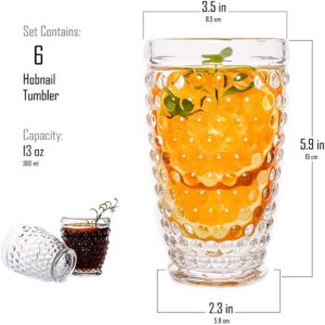 EVEREST GLOBAL Vintage Hobnail Highball Glasses set of 6, 13 oz Old Fashioned Beverage Vintage Glassware Set for Milk Beer Soda Juice Whiskey Perfect for Dinner Table Parties Bars Restaurants