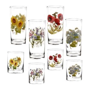 portmeirion botanic garden mixed drinkware set of 8 | includes 4 rock glasses and 4 highball tumblers | 15 ounces | assorted design | drinking glasses ideal for whiskey, bourbon, or juice
