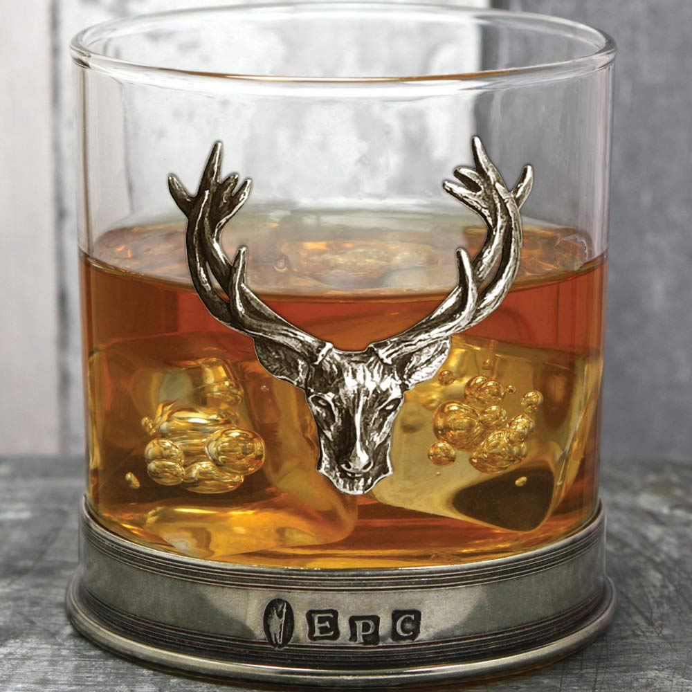 English Pewter Company 11oz Old Fashioned Whisky Rocks Glass With Stag Deer Head Antler and Pewter Base [STAG104]