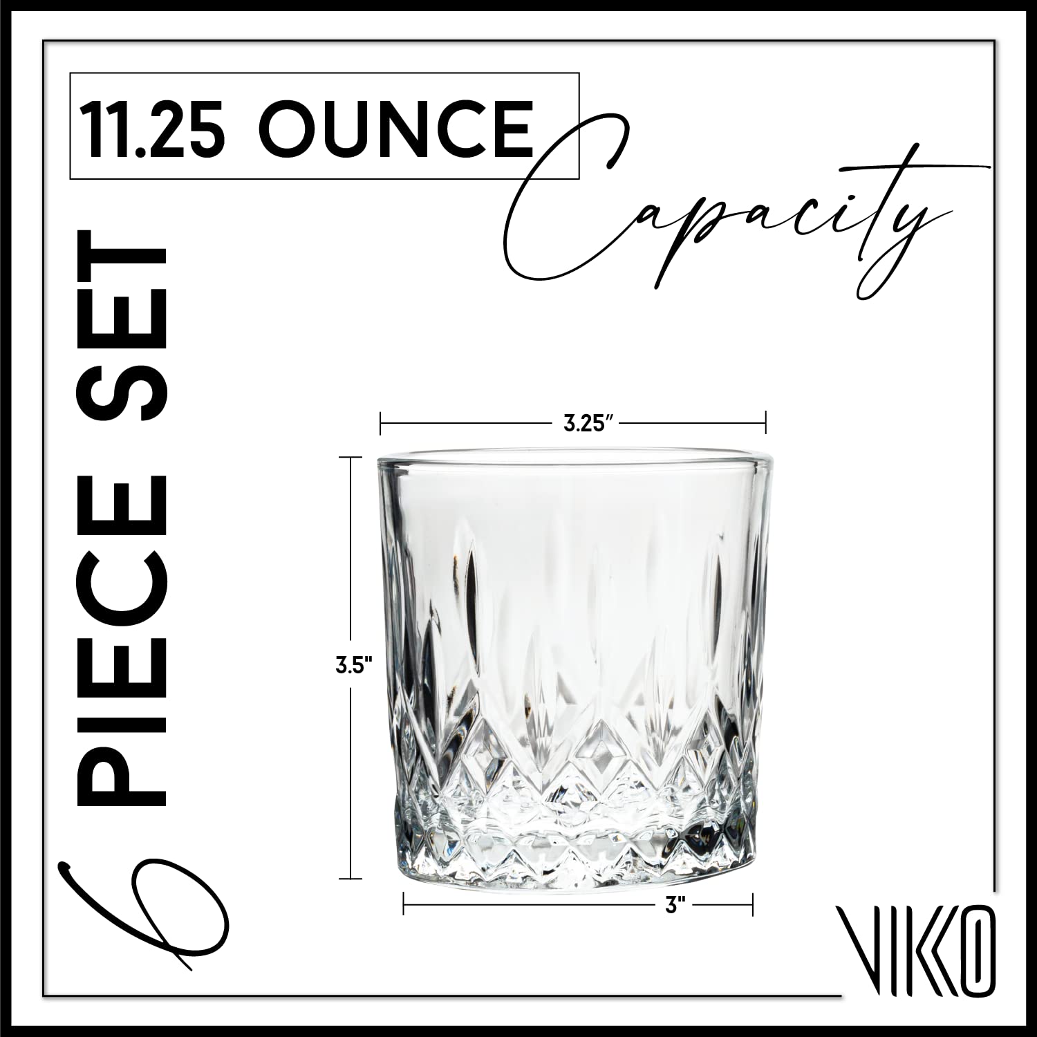 Vikko Whiskey Glasses, Set of 6 Old Fashioned Glasses, 11.25 Ounce Capacity, Elegant Design, Dishwasher Safe