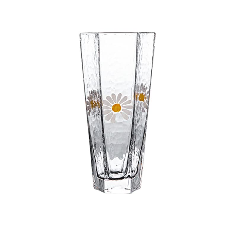 Caalio Drinking Glass Highball Glass Cups Daisy Flower, Hexagonal Cup Diamond Shaped Cocktail, Beer, Water, Wine, Juice, Tea, 11oz