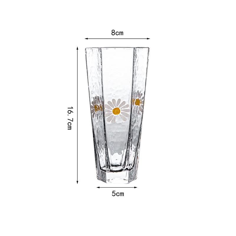 Caalio Drinking Glass Highball Glass Cups Daisy Flower, Hexagonal Cup Diamond Shaped Cocktail, Beer, Water, Wine, Juice, Tea, 11oz