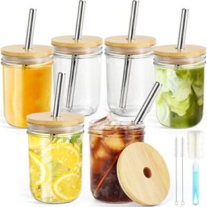 mason jar with bamboo lids and stainless steel straw, 6 pack glass cups set, 16oz cute boba drinking glasses, mason jar cups, travel tumbler bottle for beer, iced coffee, smoothie, bubble tea, gift