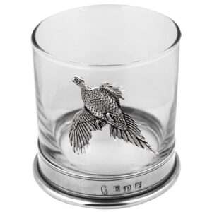 english pewter company 11oz old fashioned whisky rocks glass with pewter base and pheasant motif [phs104]