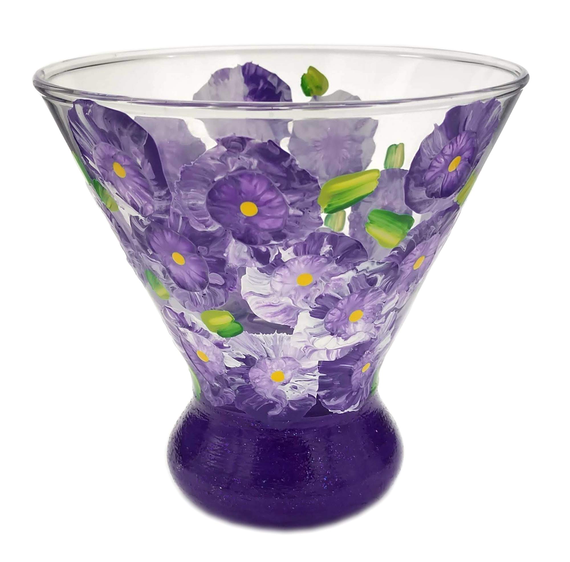 Purple Flower Hand Painted Martini Glass - Sparkly Purple, Pretty Flowers Stemless Cocktail Glass