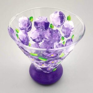 Purple Flower Hand Painted Martini Glass - Sparkly Purple, Pretty Flowers Stemless Cocktail Glass