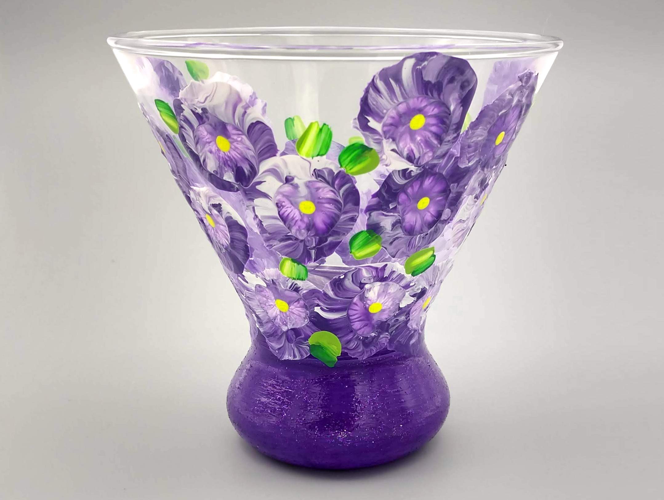 Purple Flower Hand Painted Martini Glass - Sparkly Purple, Pretty Flowers Stemless Cocktail Glass