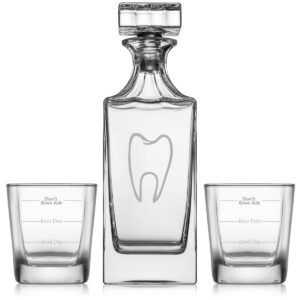 whiskey decanter gift set with 2 whiskey old fashioned rocks glasses dentist dental assistant hygienist tooth good day bad day don't even ask fill lines funny