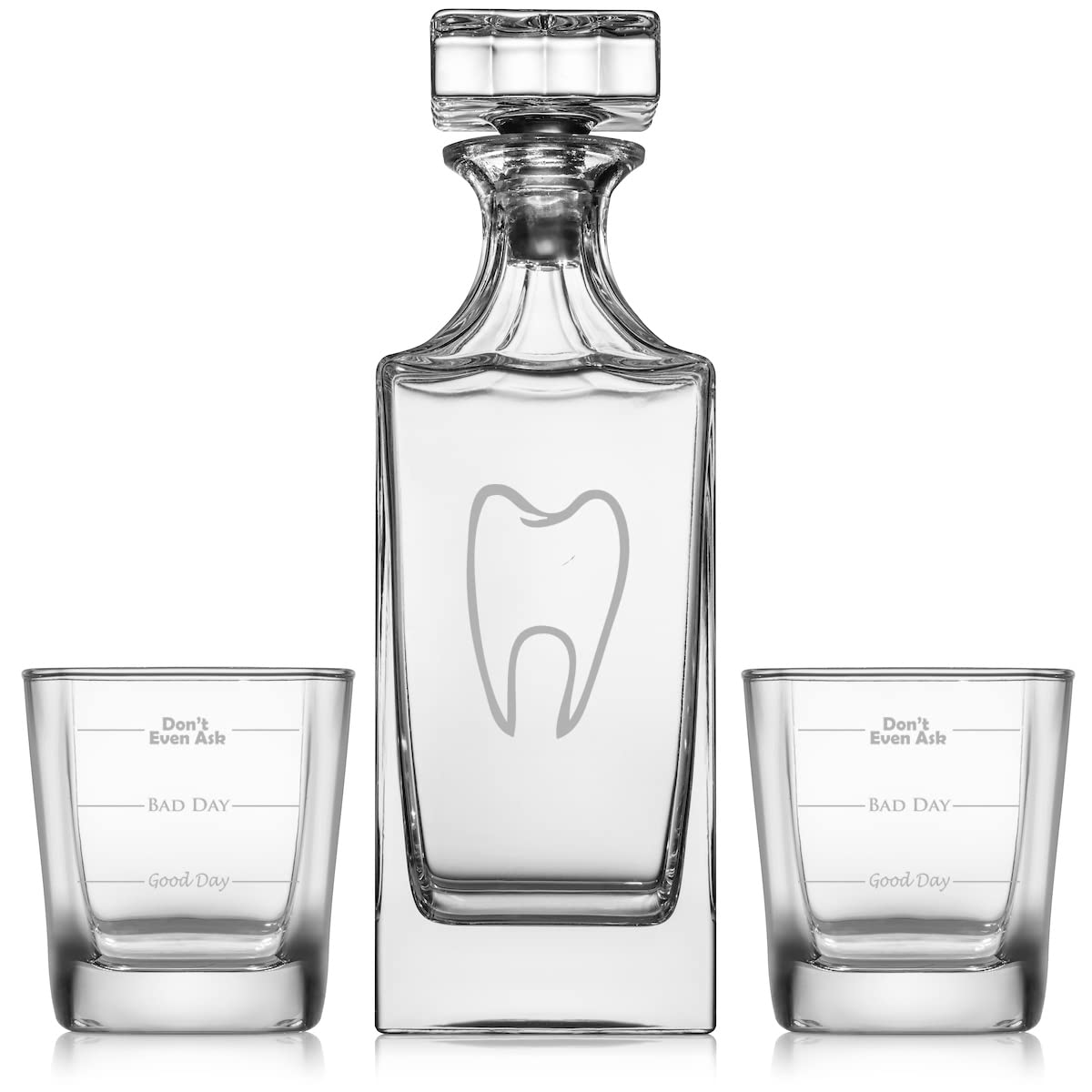 Whiskey Decanter Gift Set With 2 Whiskey Old Fashioned Rocks Glasses Dentist Dental Assistant Hygienist Tooth Good Day Bad Day Don't Even Ask Fill Lines Funny
