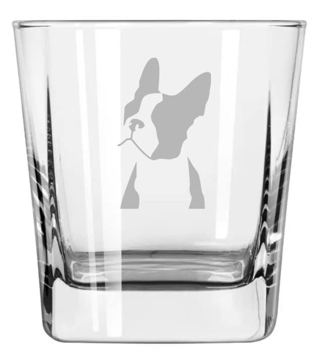 MIP Brand 12 oz Square Base Rocks Whiskey Double Old Fashioned Glass Boston Terrier Face