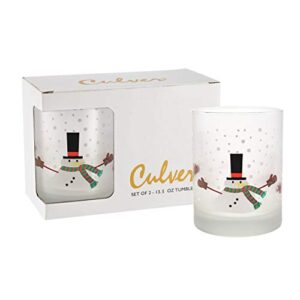 culver holiday decorated frosted double old fashioned tumbler glasses, 13.5-ounce, gift boxed set of 2 (melting snowman)