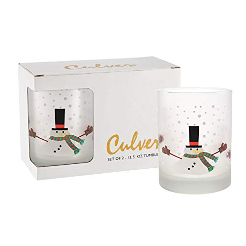 Culver Holiday Decorated Frosted Double Old Fashioned Tumbler Glasses, 13.5-Ounce, Gift Boxed Set of 2 (Melting Snowman)