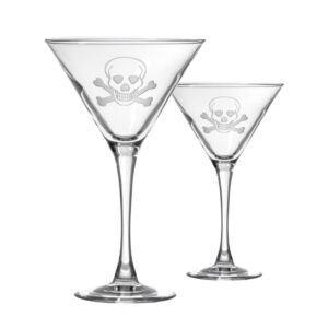 rolf glass skull and cross bone martini glass - set of 2 stemmed 10 ounce martini glasses - lead-free glass - etched cocktail glasses - made in the usa