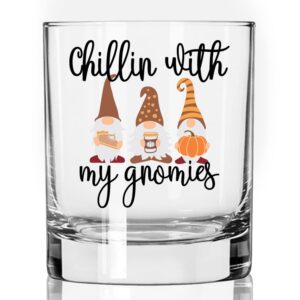 toasted tales chillin with my gnomes | fall glass | whiskey holiday drinking glasses | 11 oz bourbon whiskey rock glass | novelty old fashioned whiskey tasting glasses | thanksgiving gifts