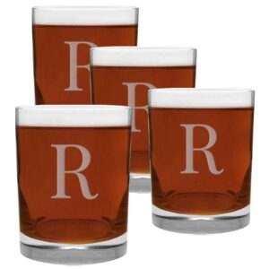4 piece glass set engraved with r-letter monogram, 13.5-ounce