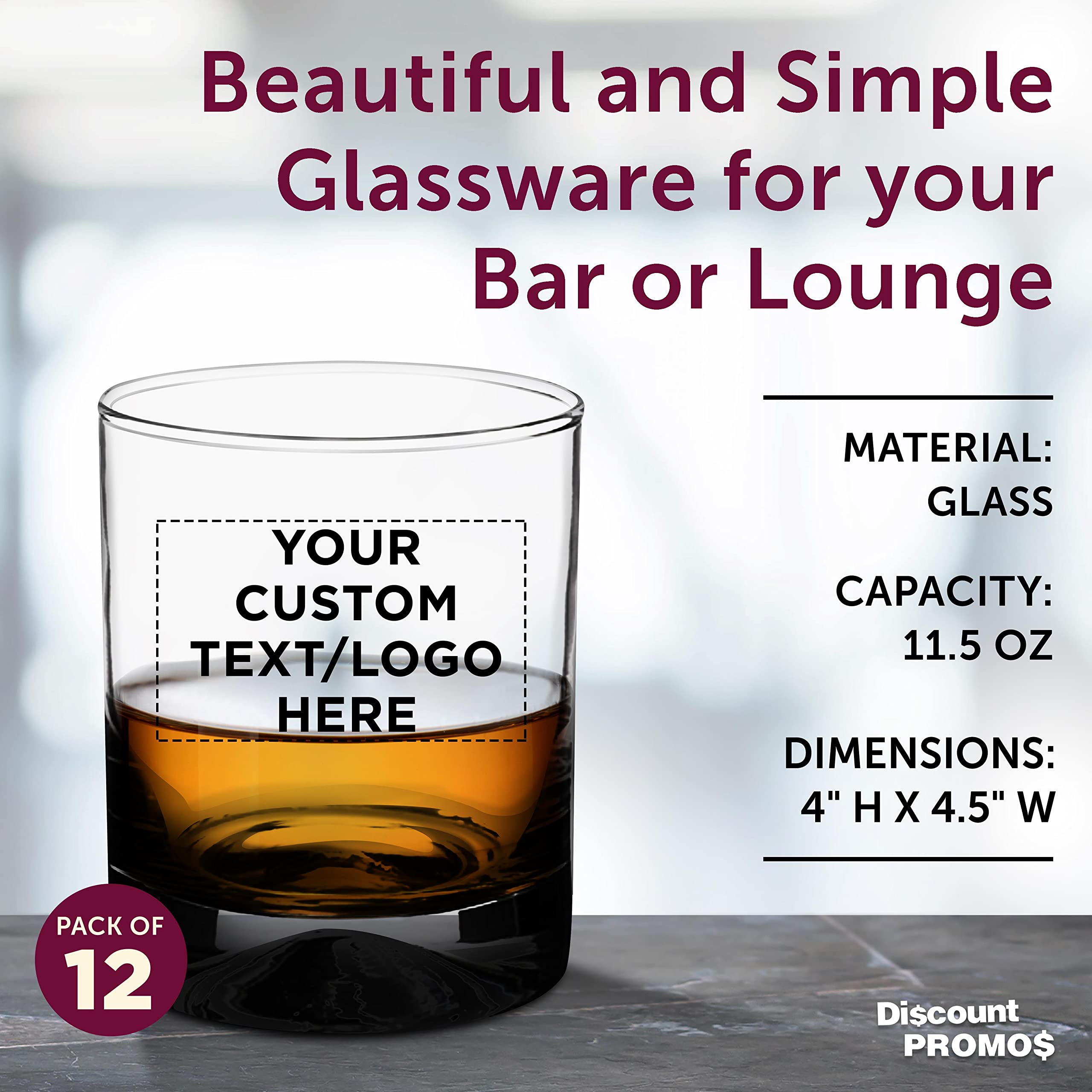 Custom Manhattan Rocks Whiskey Glass 11.5 oz. Set of 12, Personalized Bulk Pack - Perfect for Scotch, Bourbon, Whiskey, Cocktail - Black