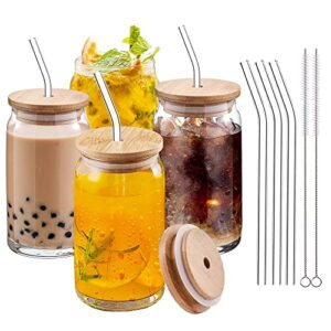 rlcoeus set of 4 drinking glass cup with bamboo lids and 6 glass straws - can shape beer glasses for smoothie, whiskey, and cocktails, 2 cleaning brushes