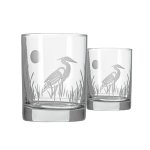 rolf glass heron double old fashioned glass 13 ounce – whiskey glass – lead-free glass tumbler - etched whiskey tumbler glasses – proudly made in the usa (set of 2)