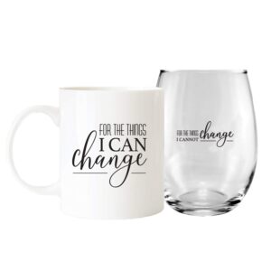 for the things i can and cannot change coffee mug and stemless wine glass gift set/funny sarcastic cup combo/humorous beverage present