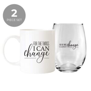 For The Things I Can And Cannot Change Coffee Mug And Stemless Wine Glass Gift Set/Funny Sarcastic Cup Combo/Humorous Beverage Present