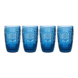 fitz and floyd trestle highball tumbler cups, set of 4, blue