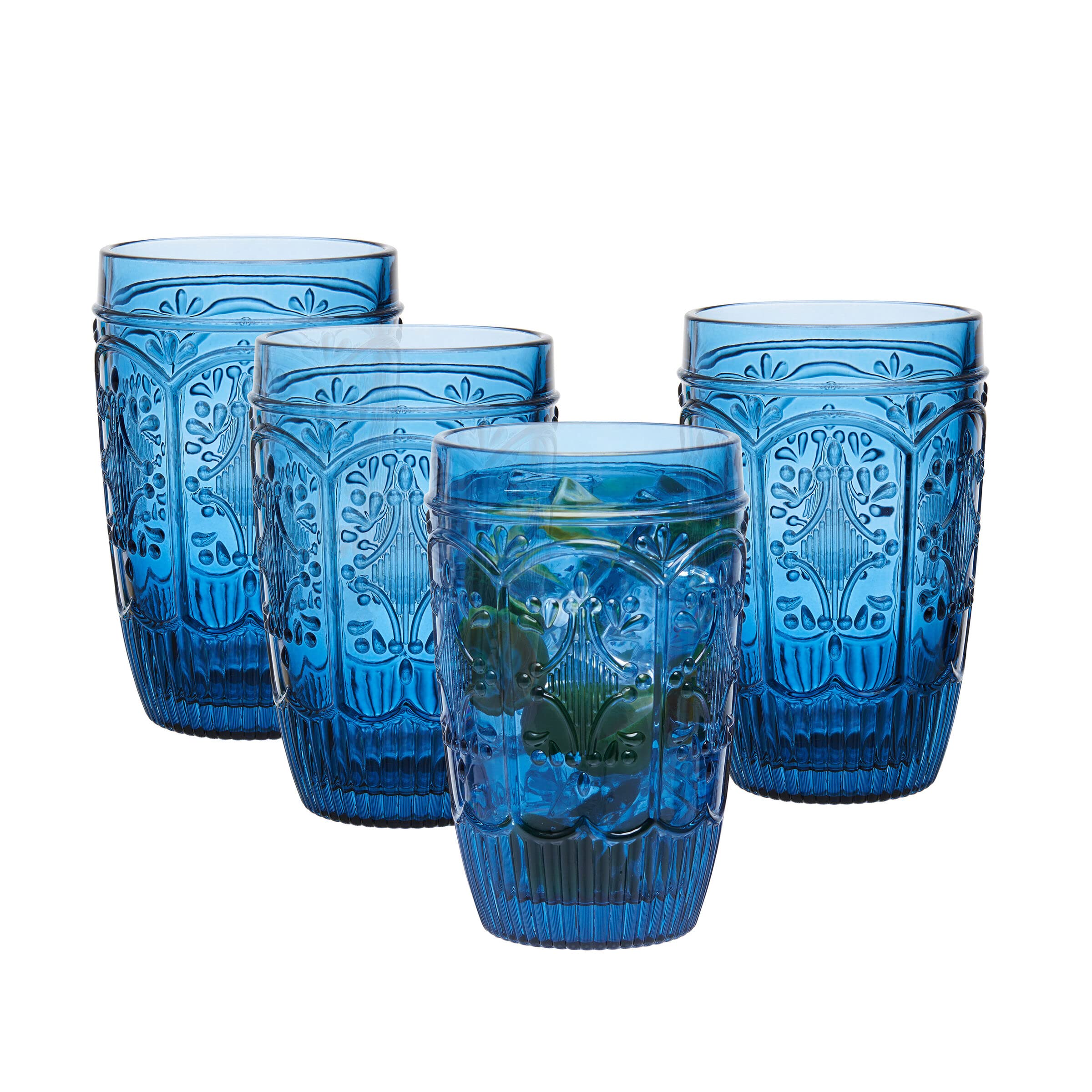 Fitz and Floyd Trestle Highball Tumbler Cups, Set of 4, Blue