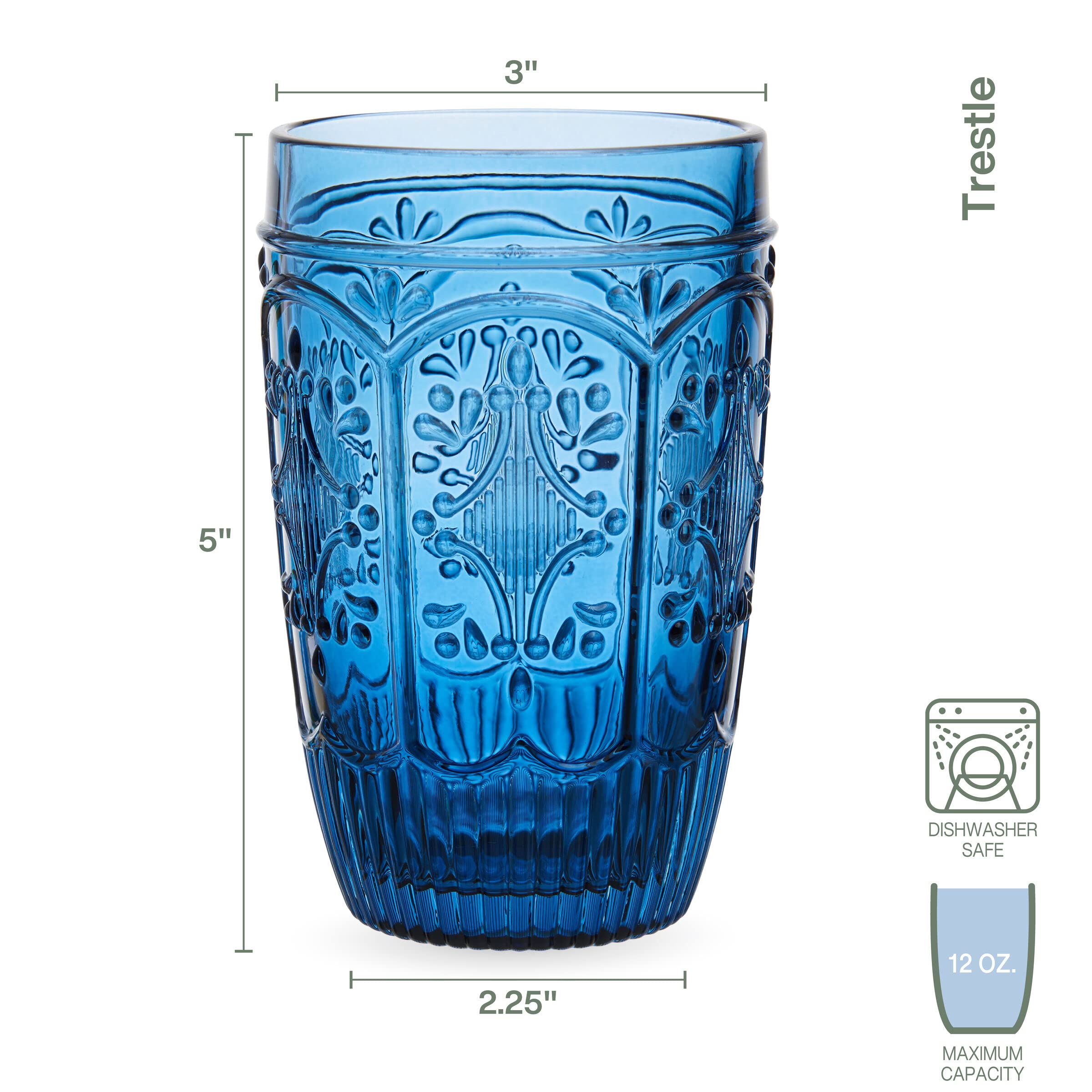 Fitz and Floyd Trestle Highball Tumbler Cups, Set of 4, Blue