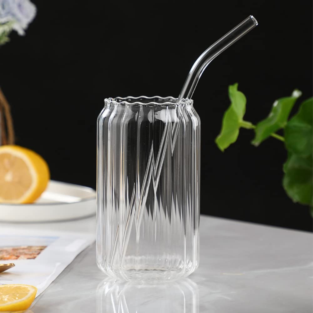 Renococo Can Shape Glass Cups with Glass Straw,18 Oz Can Shaped Beer Glass,Ribbed Drinking Glasses,Ripple Iced Coffee Glasses,Whiskey Cocktail Glasses,Juice Water Cup,Glass Tumbler,Beverages Cup