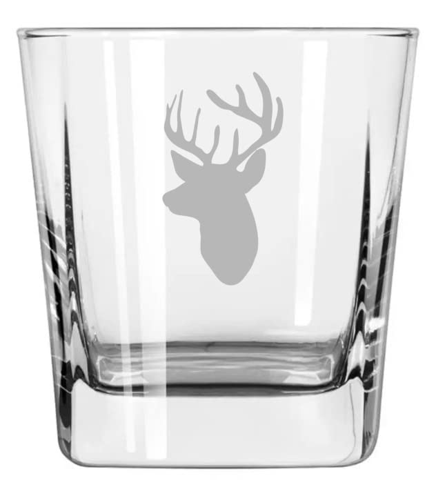 MIP Brand 12 oz Square Base Rocks Whiskey Double Old Fashioned Glass Deer Head with Antlers Hunting