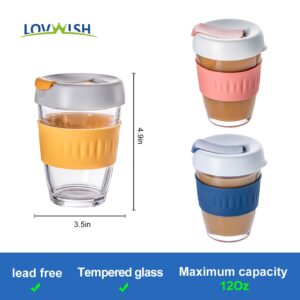 LOVWISH Tumbler Glass Water Bottle, Coffee Mugs Glass Set of 2,Tempered Glass Travel Coffee Mug with PP Lid, With Anti-scalding Silicon,24oz - (Pack/12oz)