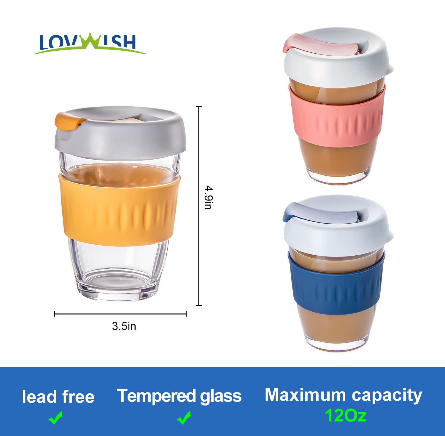 LOVWISH Tumbler Glass Water Bottle, Coffee Mugs Glass Set of 2,Tempered Glass Travel Coffee Mug with PP Lid, With Anti-scalding Silicon,24oz - (Pack/12oz)