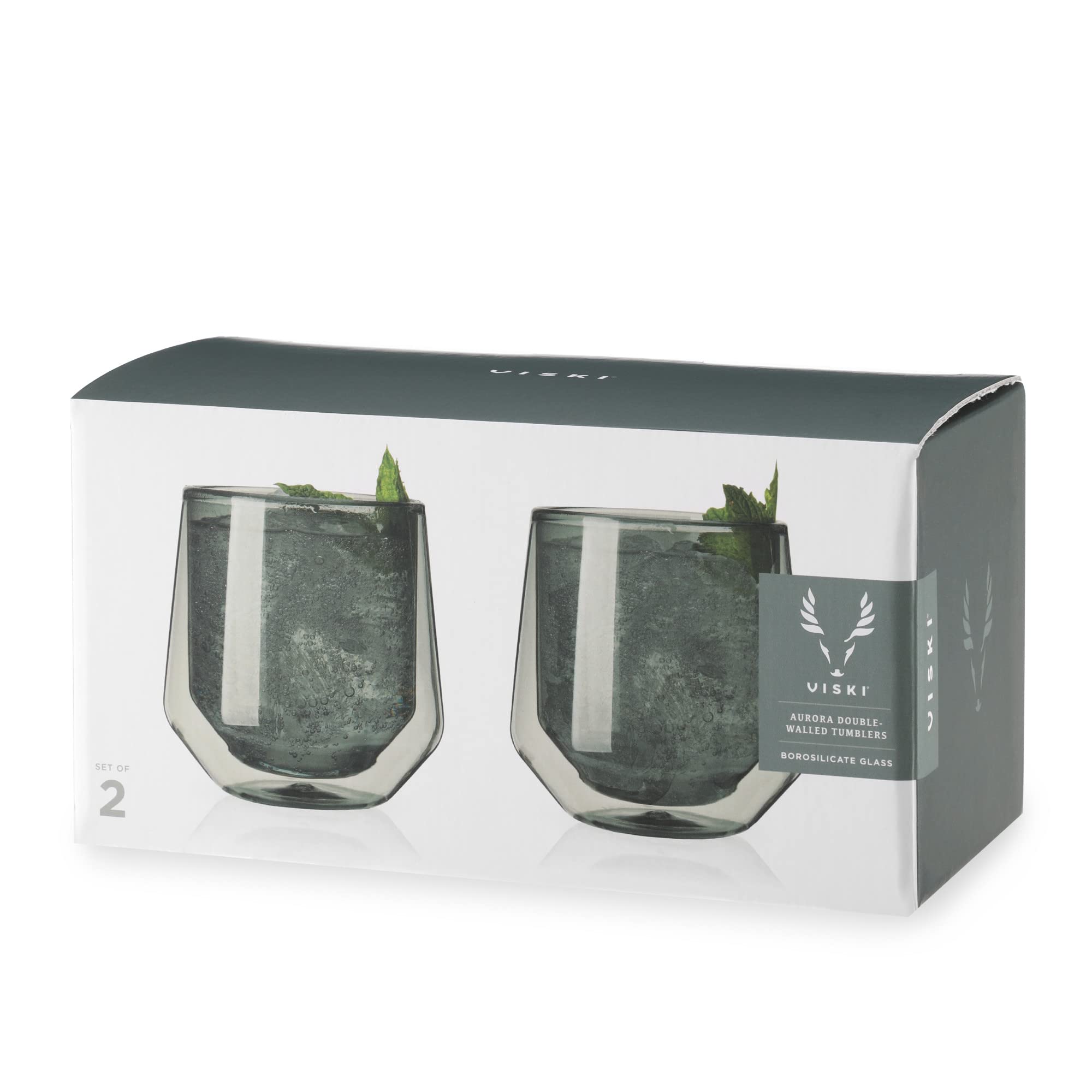 Viski Aurora Double-Walled Tumblers, Colored Modern Lowball Cocktail Glasses, Dishwasher Safe, 9 Oz, Smoke Grey, Set of 2