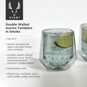 Viski Aurora Double-Walled Tumblers, Colored Modern Lowball Cocktail Glasses, Dishwasher Safe, 9 Oz, Smoke Grey, Set of 2