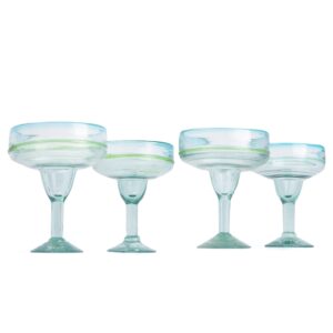 mycajita mexican glassware, aqua rims 10oz margarita glasses, set of 4 unique hand blown glass, handcrafted by talented artisans thick & sturdy easy to hold