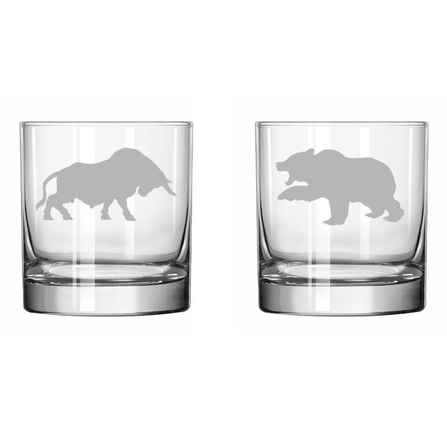 Set of 2 Glass 11 oz Rocks Whiskey Old Fashioned Glass Bull Bear Stock Market