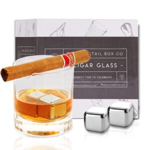 the cocktail box co cigar whiskey glass with cigar holder, whiskey cigar glass holder set with 2 whiskey stones, old fashioned cigar cup holder, premium bourbon glass cigar holder, gifts for men