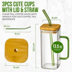 3pcs Glass Cup with Bamboo Lid and Straw Clear Tall Coffee Mugs with Handle for Iced Coffee, Tea, Beverages Aesthetic Cups in Blue/Green/Pink –13.5fl oz