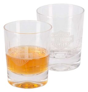 harley-davidson crystal double old fashion set, frosted logos, set of two 12 oz