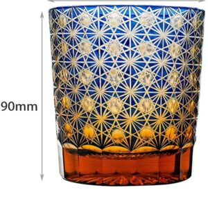 JIACI Edo Kiriko style Hand Carved Drinking Glass Crystal Whisky Glass 270ml Tumbler For Whiskey-Cocktail-Vodka-Beer Drinkingware Glasses Crystal Whiskey With Gift Box (Amber Blue)