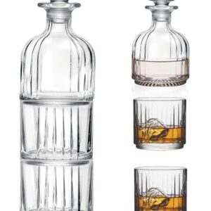 Glass 3 Pc Set, Crystal Glass Whiskey Decanter with 2 Tumblers, Stackable, Double Old Fashioned Tumblers, DOF, Decanter is 12 Oz, Each D.O.F. Tumbler is 12 Oz, by Barski, Made in Europe