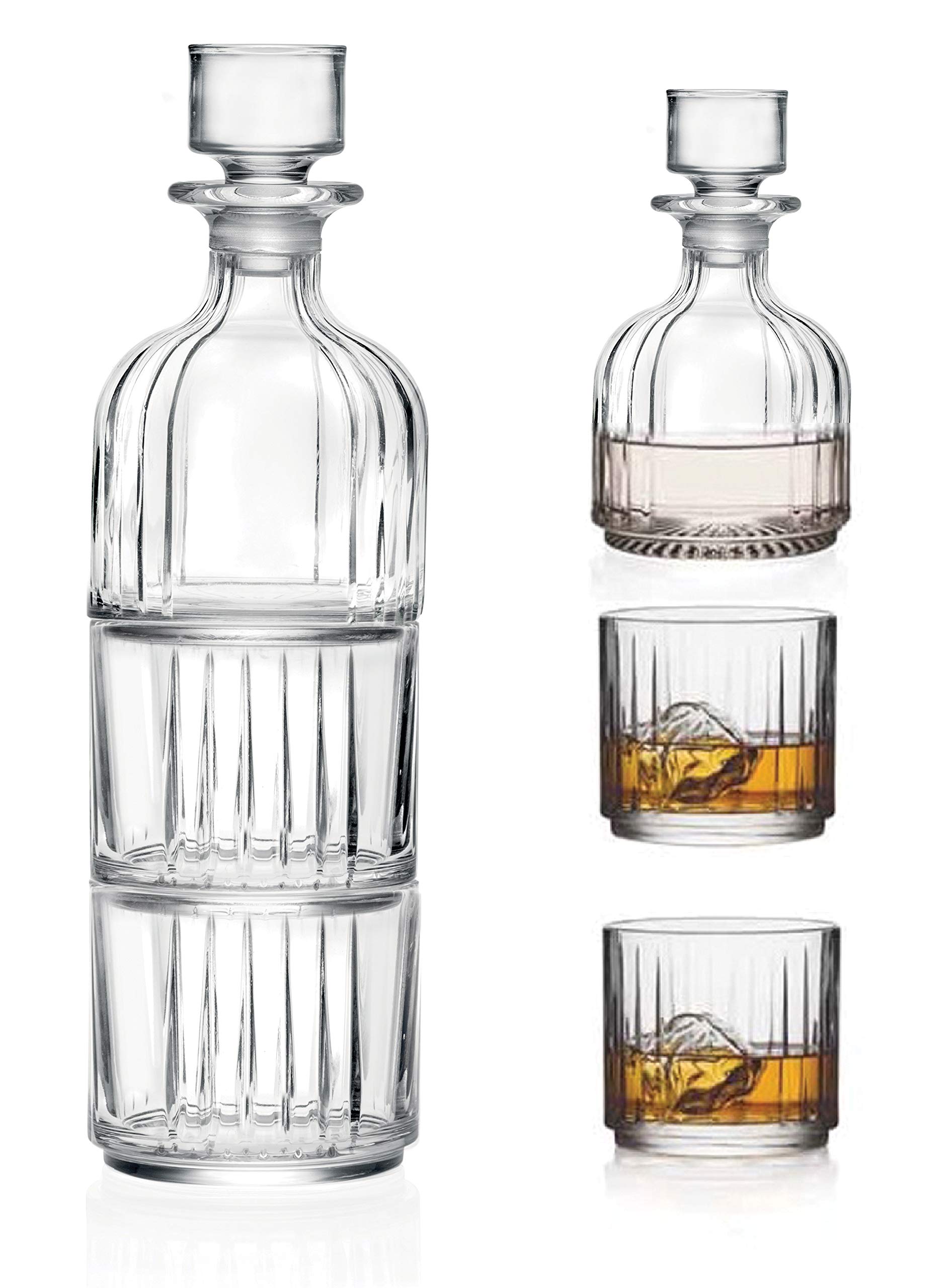 Glass 3 Pc Set, Crystal Glass Whiskey Decanter with 2 Tumblers, Stackable, Double Old Fashioned Tumblers, DOF, Decanter is 12 Oz, Each D.O.F. Tumbler is 12 Oz, by Barski, Made in Europe