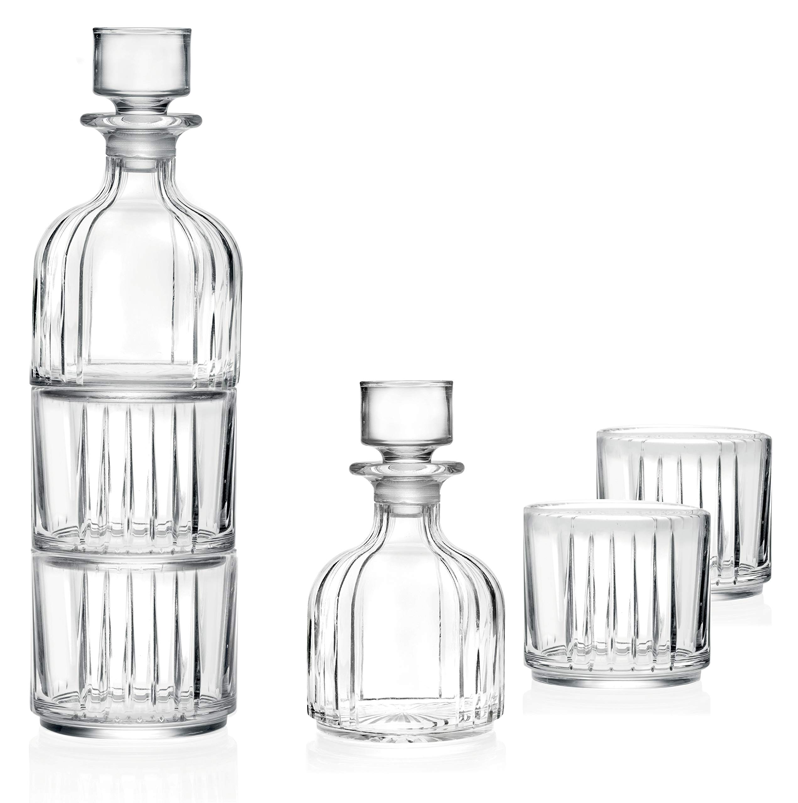 Glass 3 Pc Set, Crystal Glass Whiskey Decanter with 2 Tumblers, Stackable, Double Old Fashioned Tumblers, DOF, Decanter is 12 Oz, Each D.O.F. Tumbler is 12 Oz, by Barski, Made in Europe