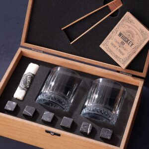 Hediye Sepeti Whiskey Glasses and Stones Gift Set, Handmade Wooden Box 2 Whisky Glasses Whiskey Stones Bourbon Gifts for Whiskey Lovers, Whiskey Accessories Gift Set, 2 Glasses (30th)