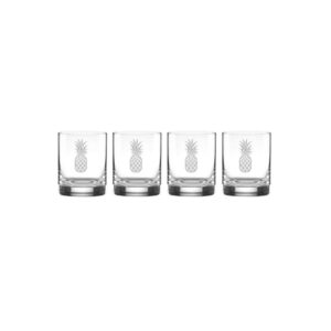 lenox tuscany classics cylinder dof whiskey glasses with pineapple engraving/set of 4 engraved crystal rocks glasses for bourbon, scotch, rye, clear