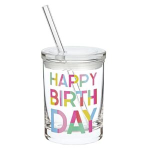 slant collections birthday glass with lid and glass straw double-old fashioned cocktail glass, 10-ounces, happy birthday block